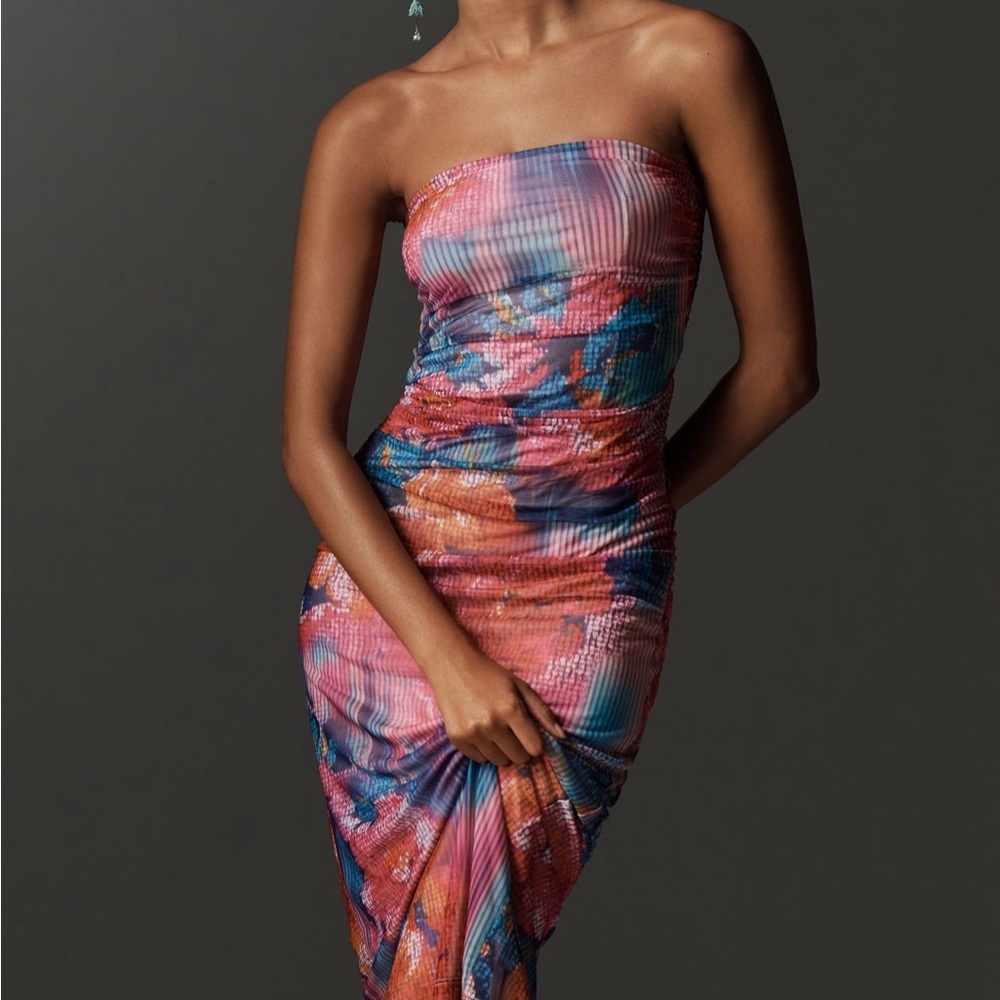 Anthropologie Strapless Floral Dress - Pink and Blue size small NWT